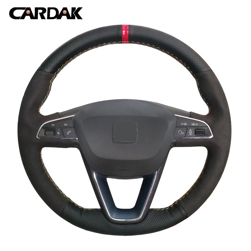 CARDAK DIY Black Leather Suede Car Steering Wheel Cover For Seat Leon 2013- Ibiza Alhambra Arona Ateca Tarraco Toledo