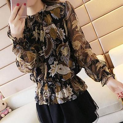Blusa Commute Gola Redonda Moda Primavera Outono Franzido Estampado Vintage Roupa Feminina Coreana Solta Casual Camisa Manga Longa