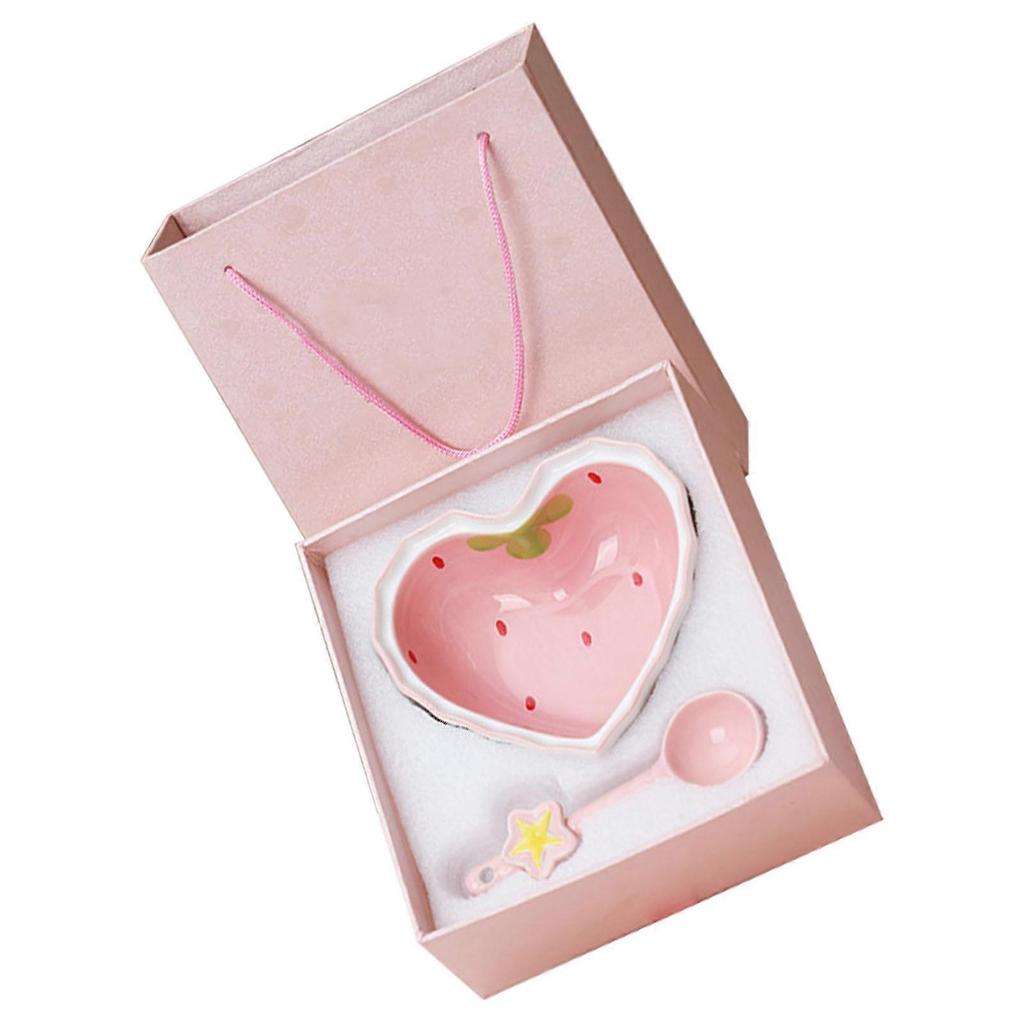 Strawberry Love Heart Bowl Pink Cute Lovely High Temperature Firing Ceramic Dessert Bowl with Spoon for Salad 1 Bowl 1 Spoon