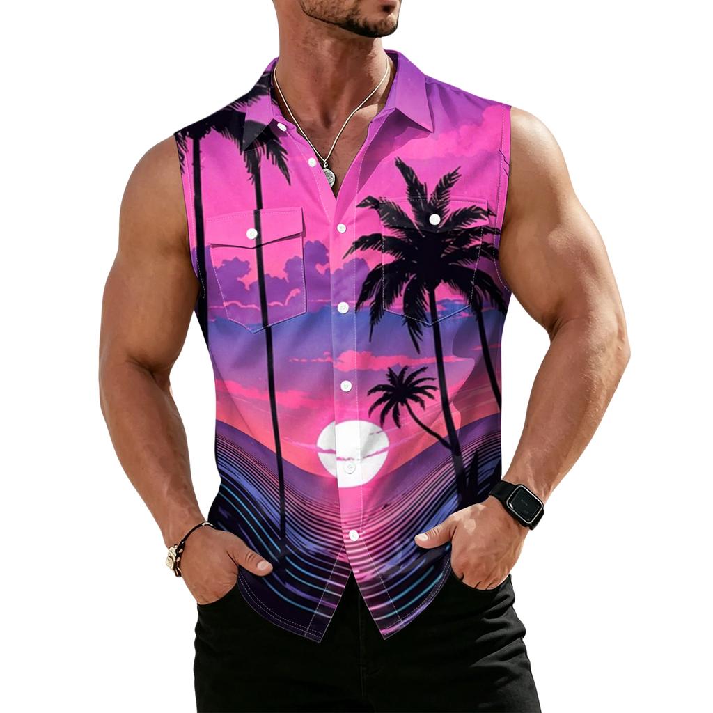 Men's Workwear Lapel Button-Down Vest Shirt - Lightweight Sleeveless Top