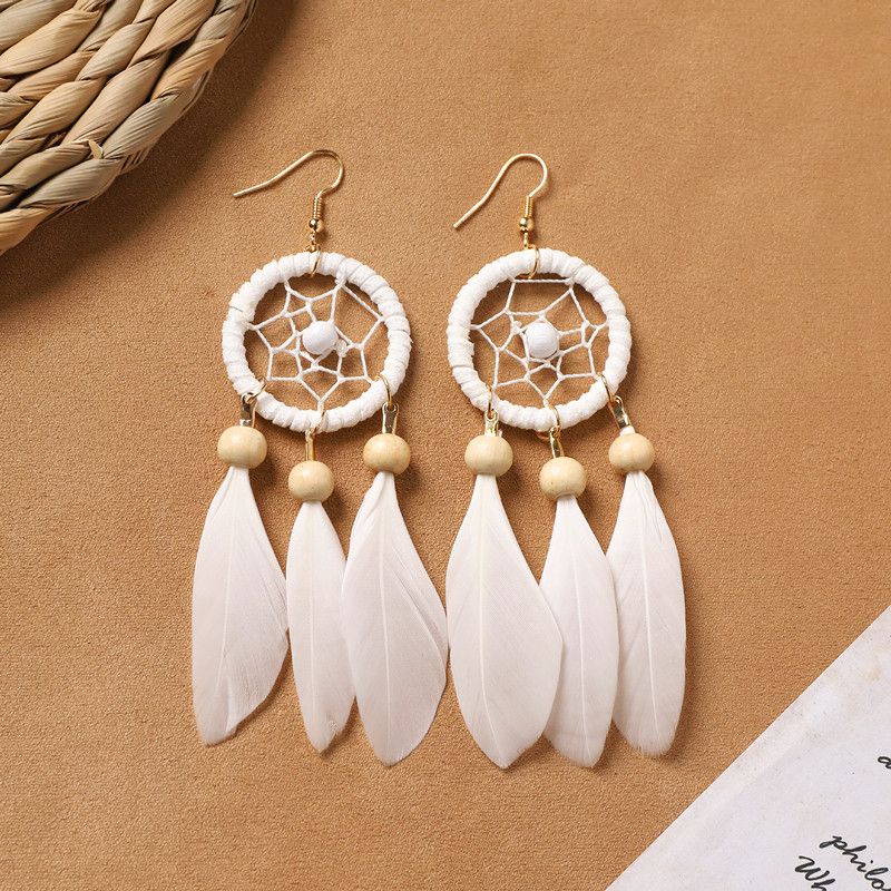 Ethnic Style Bohemia Feather Earrings White Long Style Fashion Retro Stylish Tassel Female Holiday Trip Shoot Earrings
