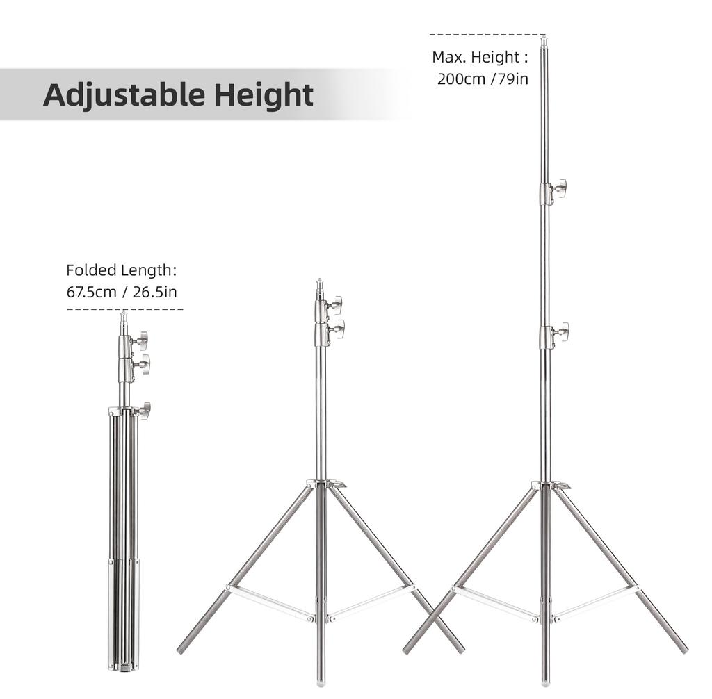 2M 79in Adjustable Metal Tripod Light Stand with 1 4in Screw Stainless Steel 2 Sections Adjustable 3kg 6.6lbs Load