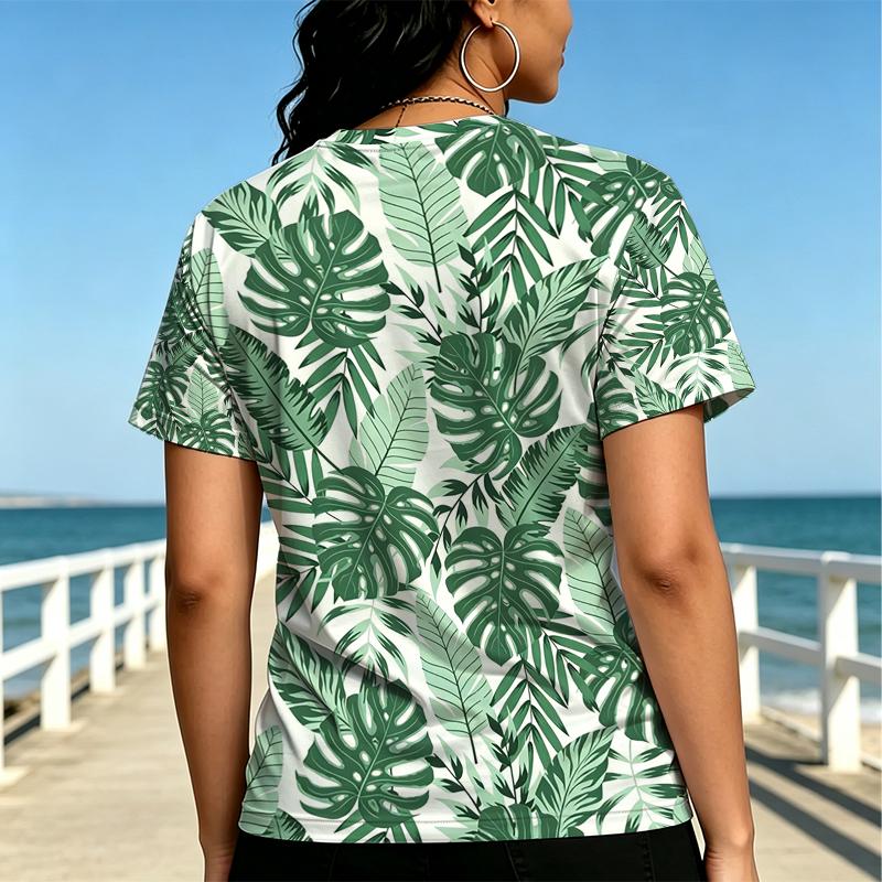 Women's Tropical Plant Print Short Sleeve Top Minimalist, Soft & Comfy, Elegant for Daily Casual, City Walks, Versatile & Trendy
