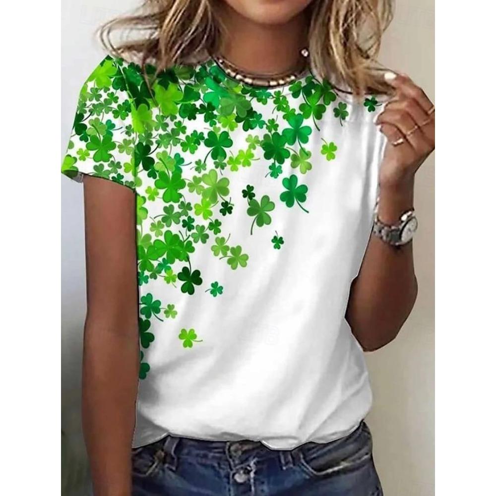 Women's T-shirt Green Lucky Clover 3D Print Crew Neck Outdoor Festival Short Sleeve T Shirts Women  ...