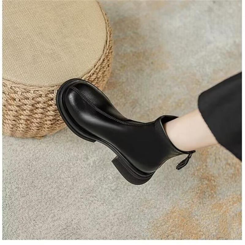 Soft leather thick-soled Martin boots women's height and thinness 2025 autumn and winter two cotton short boots thick heel elastic thin boots
