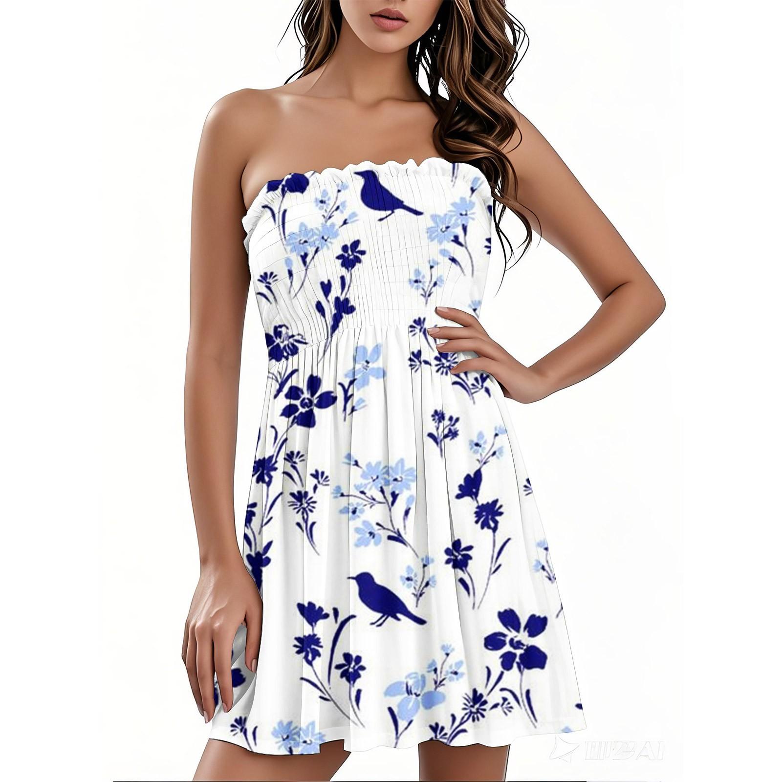 

Модное женское повседневное платье-бандо с цветочным принтом без рукавов M белый