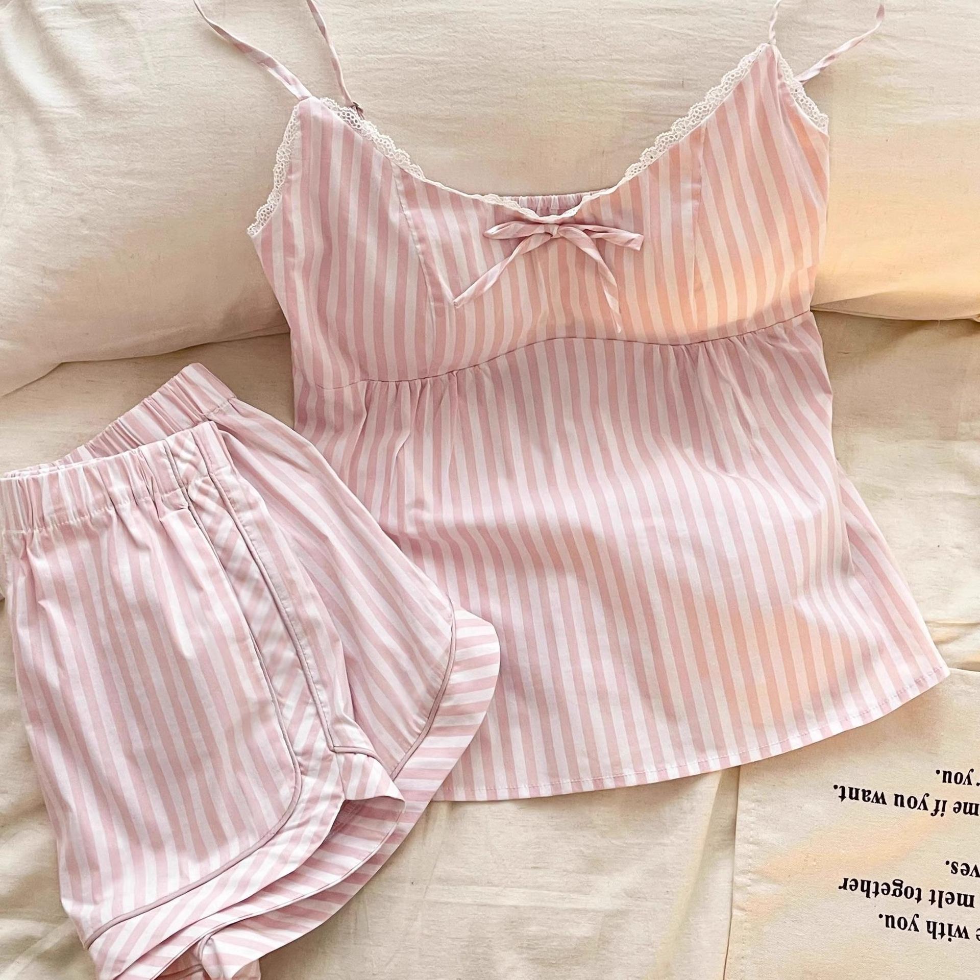 

Pink sweet girl striped bow pajama set women s summer with chest pad suspender top shorts loungewear XXL