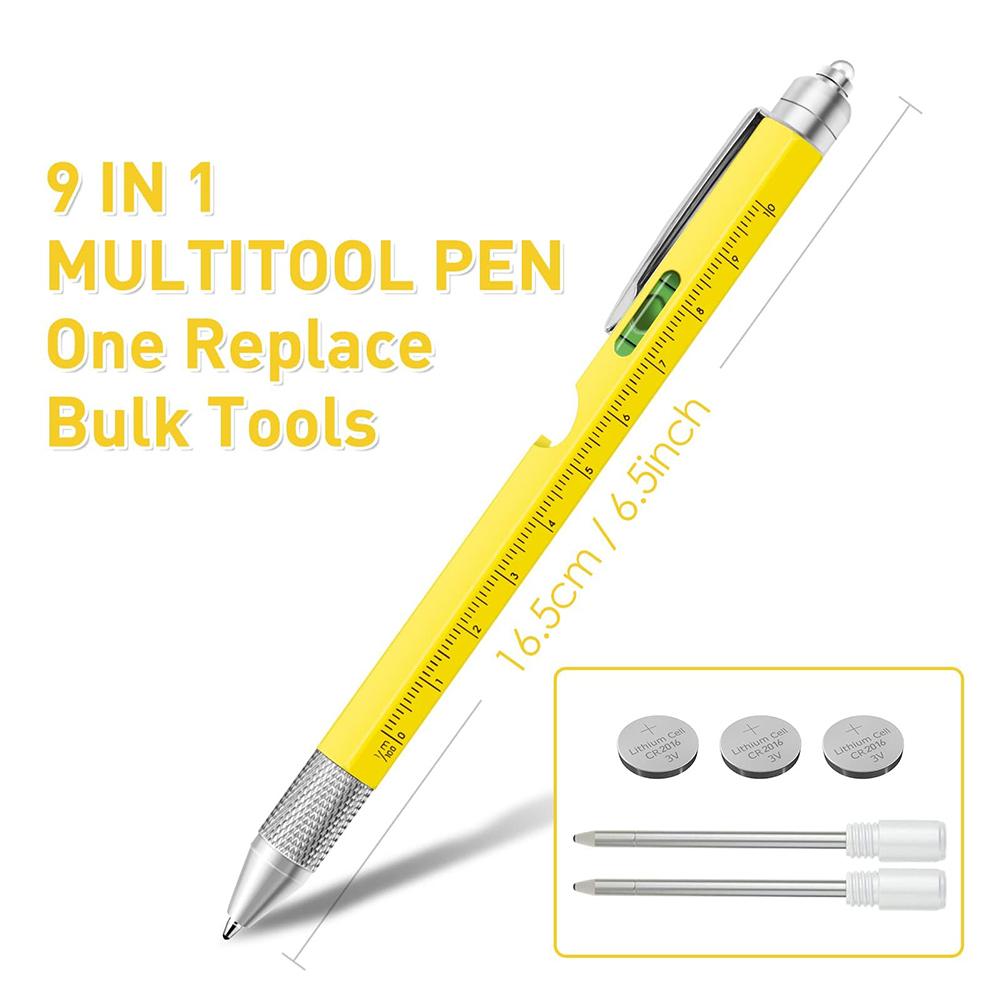 9 in1 Multifunction Ballpoint Pen with Modern Handheld Tool Measure Technical Ruler Screwdriver with LED Light for Carpentry
