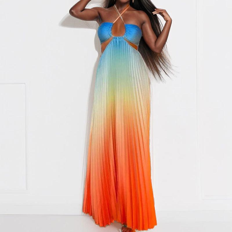 Spring 2026 Women's Gradient Halter Neck Dress - Elegant European and American Style with Sexy Hollow Out Design