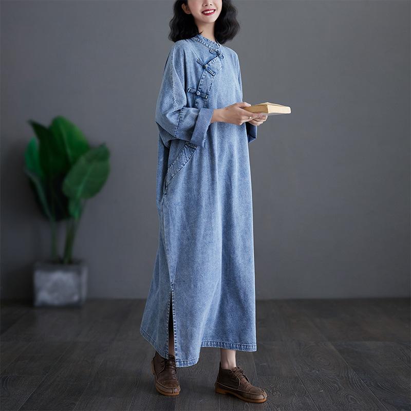 Spring Autumn Vintage Women Denim Dresses Vestidos Robe Elbise Loose Plus Size Fashion Long Sleeve Long Dress