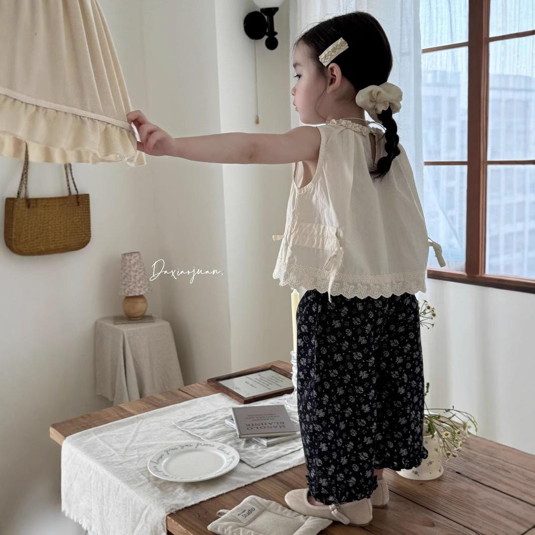 Sweet Summer Girls Lace Camisole & Floral Wide-Leg Pants Set 130 cm