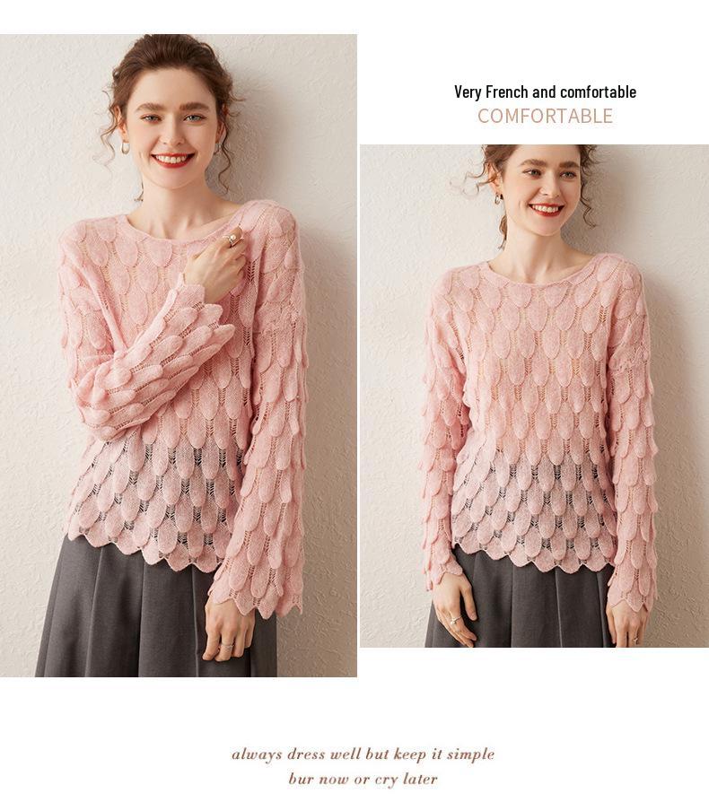 Fairy Style Cashmere Knit Sweater: Women's Gentle Feather Design, Hollow Inner Layer, Solid Color Outerwear