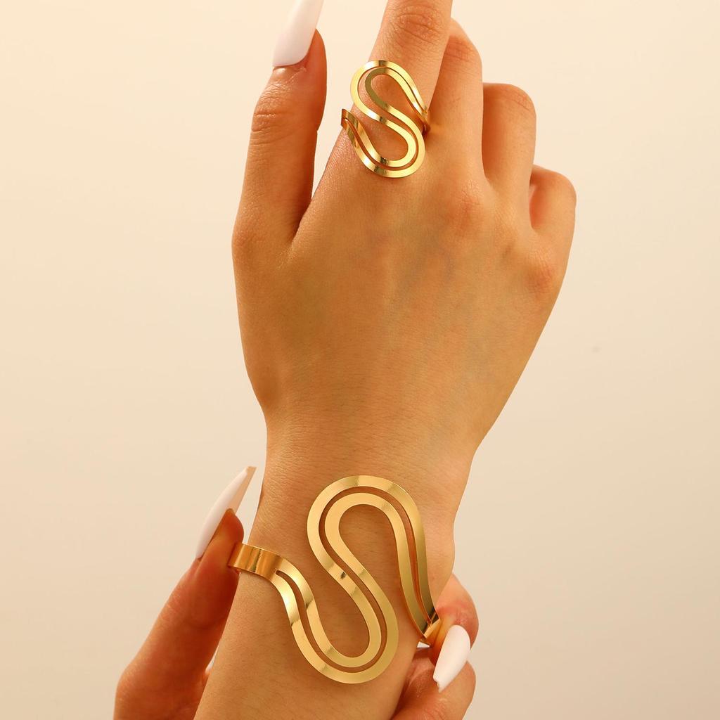 Bold Leopard Print Geometric Bangle & Ring Set - Adjustable Hand Jewelry for Women