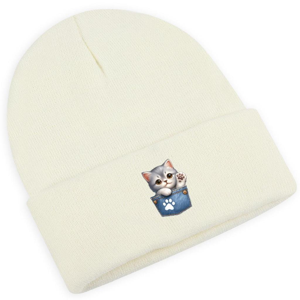 Pocket Cute Cat Print Knit Cap Beanie, Print Pompom Beanies Hip Hop Versatile Elastic Slouchy Knitted Cap Beanie