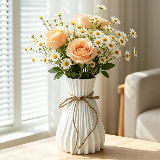 White Faux Ceramic Vase for Living Room Bedroom Kitchen Home Decor Ribbed Design Decorative Flower Holder with Jute Rope Bow for Bouquet Pampas Grass