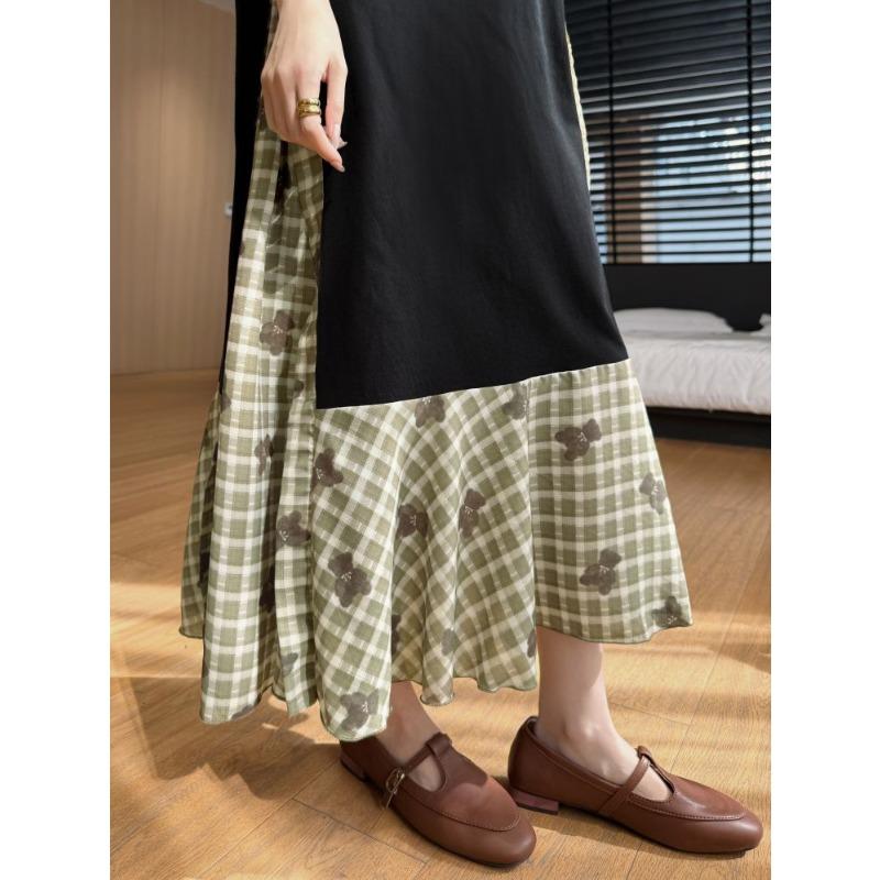 DIMANAF 2025 Femei Rochie Lungă Basic Vintage Vară Mânecă Scurtă Rochie Cămașă Carouri Cusută Casual Larg Mărimi Mari