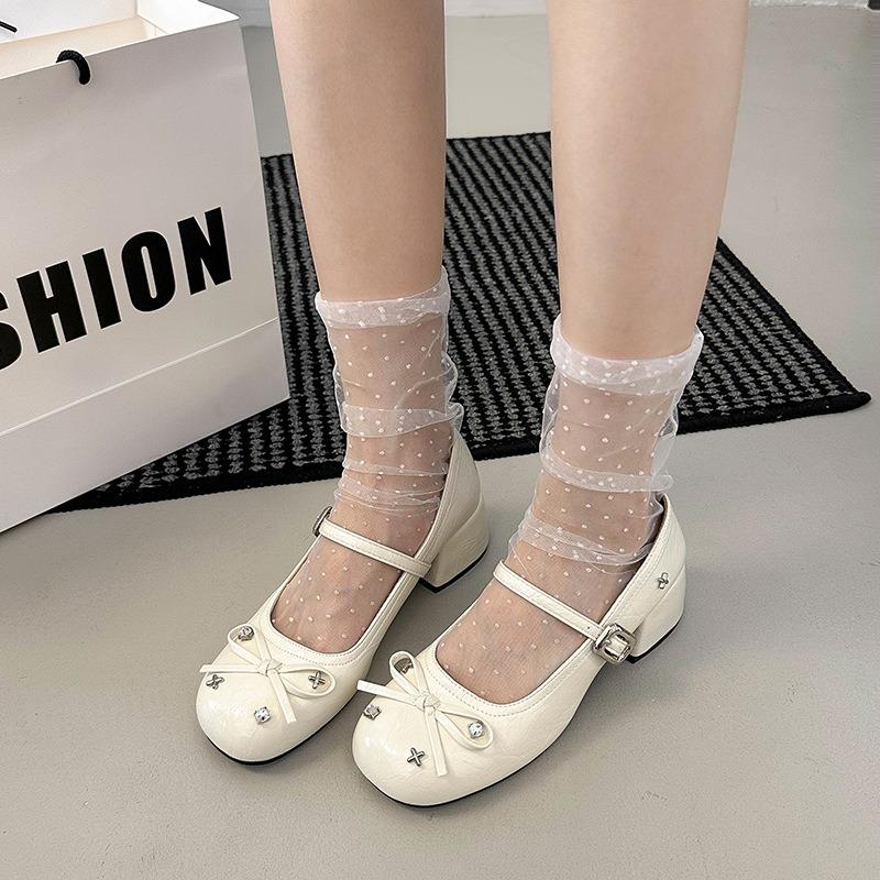 Silver little Mary Jane single shoes with skirt light mouth round head bow ballet thick heel women's shoes