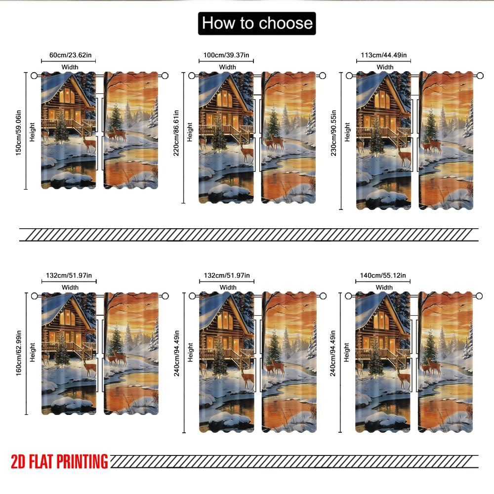 2pcs 2D flat printing Fashionable Christmas Curtains Cozy Cabin Deer Christmas Scene Digital Printed Polyester Drapes Holiday