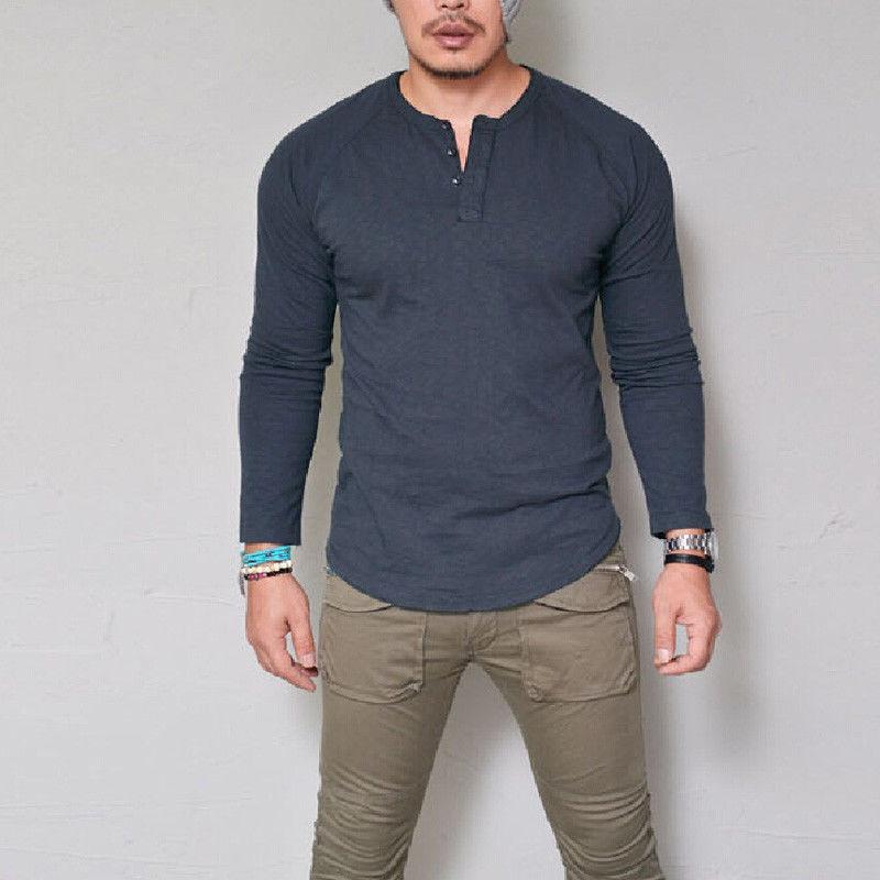 

Мужская новая летняя мода Slim Fit с длинным рукавом Топы Футболка M темно-синий