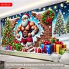2D Christmas Garage Door Backdrop, Funny Buff Santa Holiday Background Cloth for Outdoor Decoration