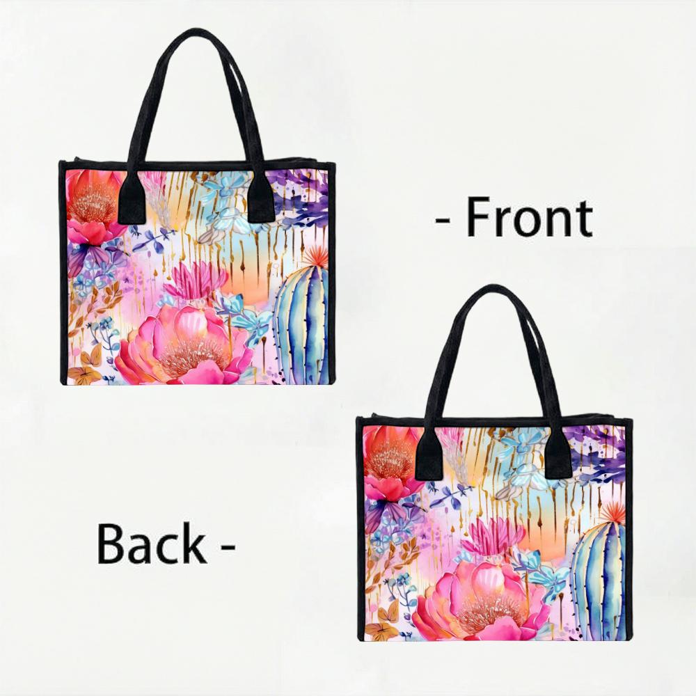 Watercolor Floral Cactus Printed Large Tote Bag Casual Daily Use Reusable Shopping Shoulder Bag