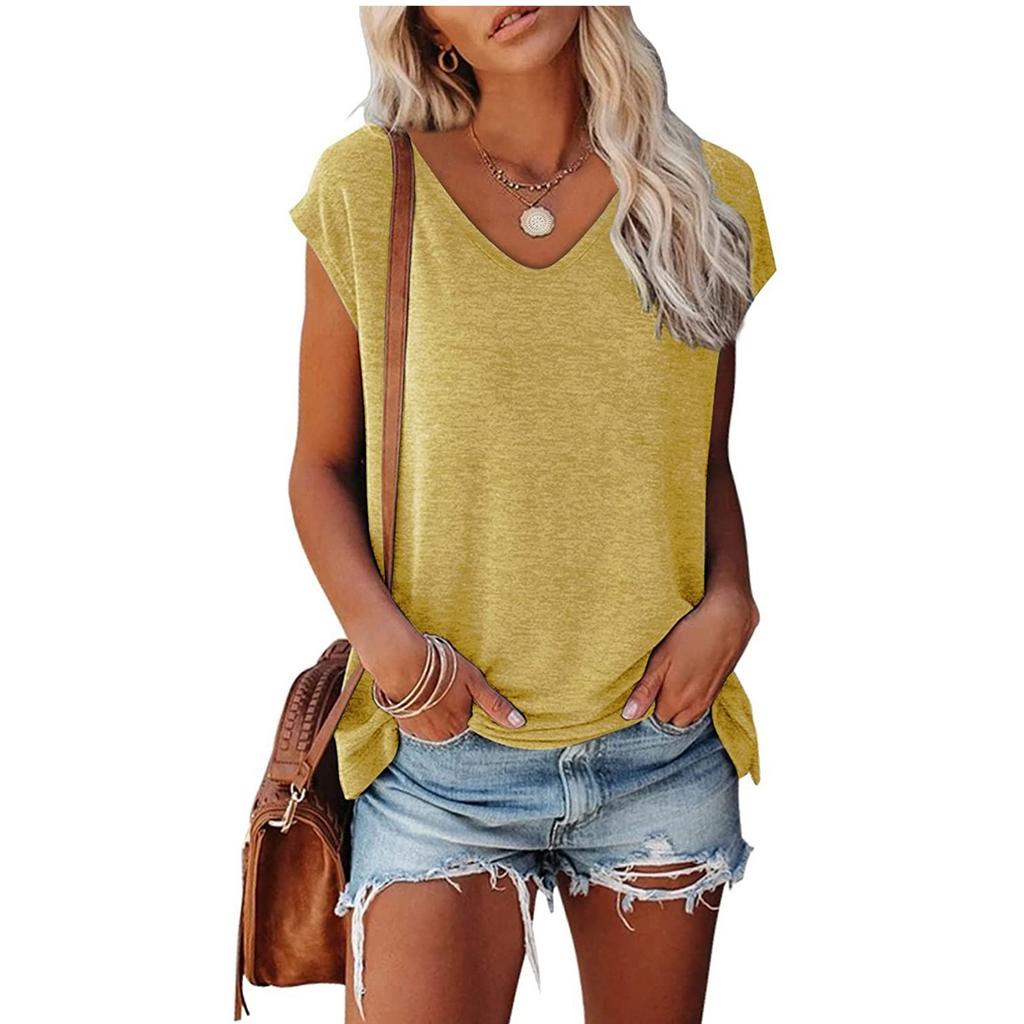 Womens' Fashionable And Casual Solid-color Basic V-neck Short-sleeved Top