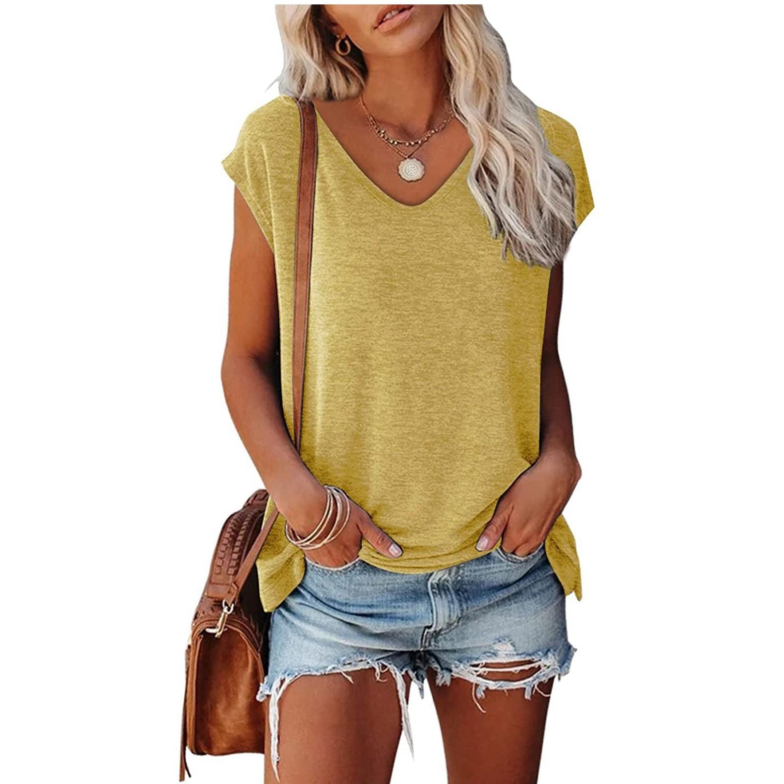 

Женская модная и повседневная однотонная базовая футболка с V-образным вырезом и короткими рукавами XL жёлтый