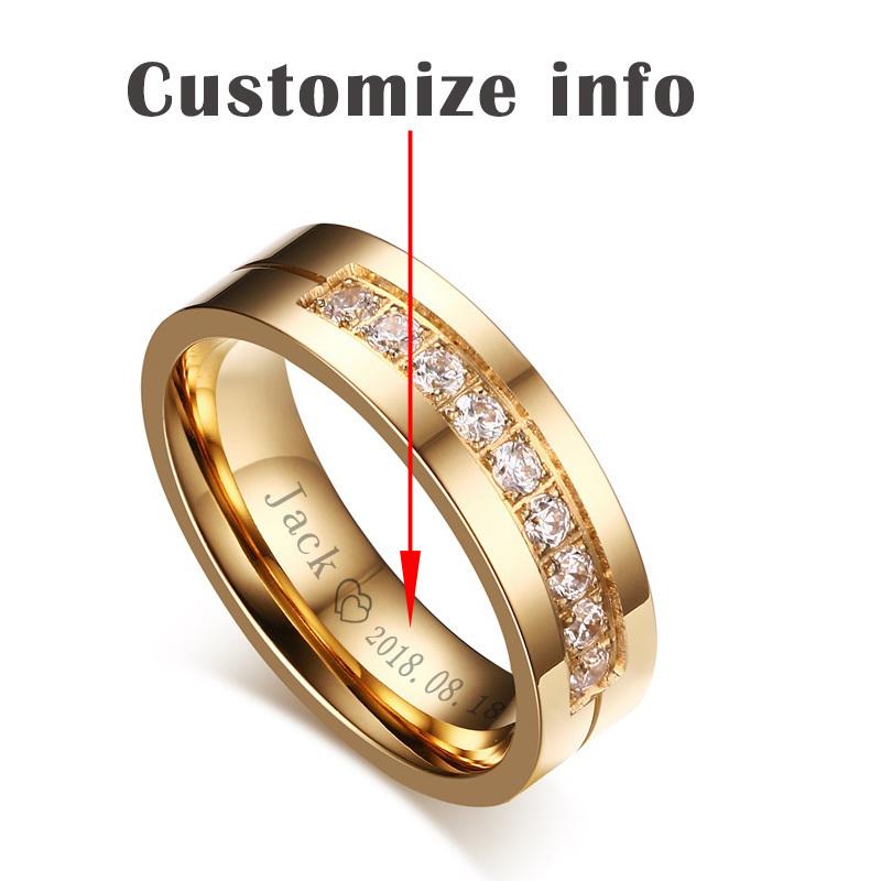 Vnox Trendy Wedding Bands Rings for Women / Men Love Gift Gold-color Stainless Steel CZ Promise Couple Jewelry