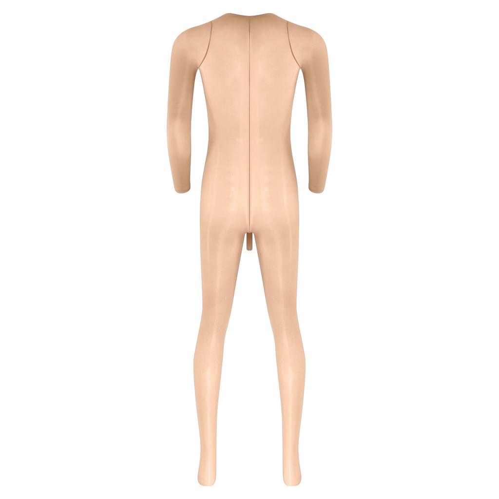 Herren Glänzender Fußbodysuit Jumpsuit Rundhalsausschnitt Langarm Scheide Öffnung Sehr Dehnbar Glänzend Nachtwäsche