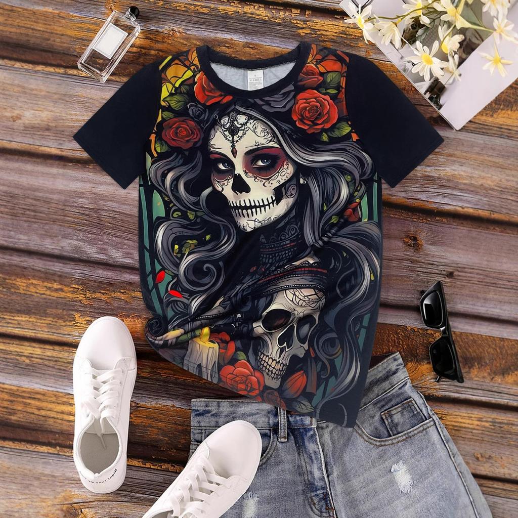 Summer Round Neck 3D Kull Print Top Fashionable Casual Short Sleeved Women's T-shirts