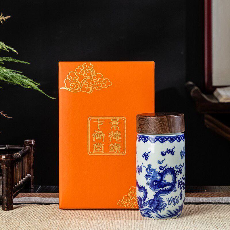 

Jingdezhen Ceramic Cup Eight Treasures Large Capacity Vacuum Cup Tumbler Health Cup White Porcelain Portable Outdoor Cup with Lid About 240ml Blue and White Dragon Thermos Cup
