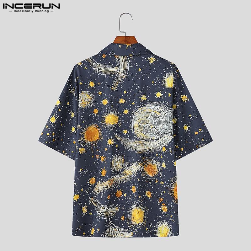 INCERUN Oversized Men Casual Lapel Neck Short Sleeve Printing Buttons Shirts