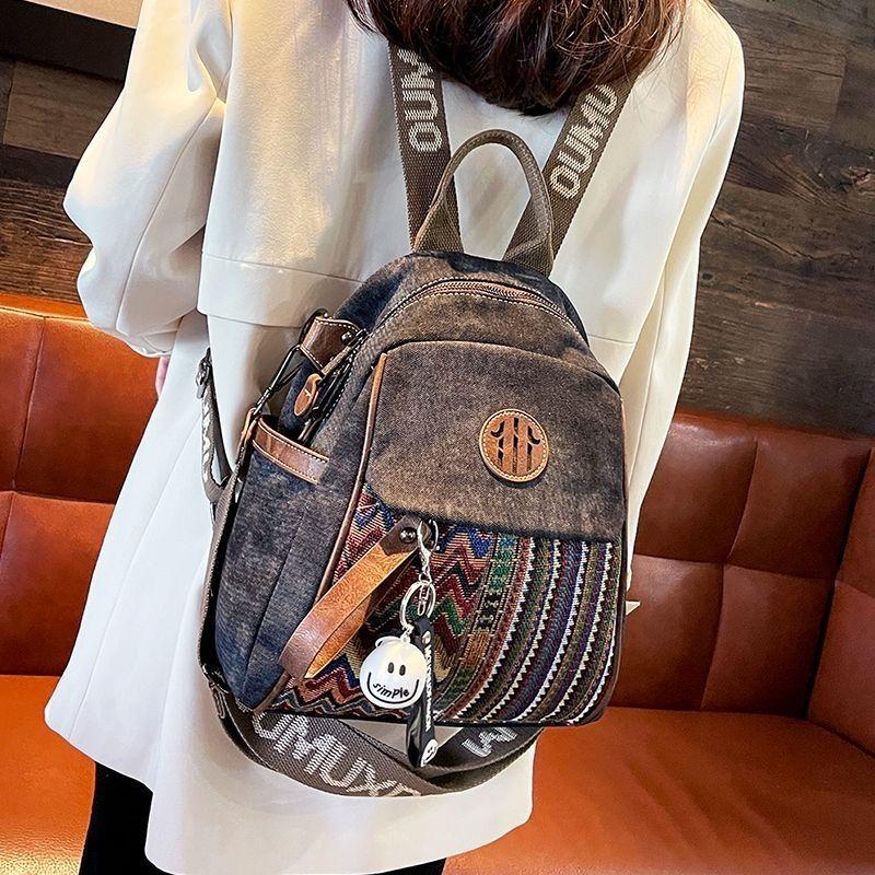 Dámský džínový etnicky vyšívaný batoh, kontrastní barevný batoh, crossbody taška