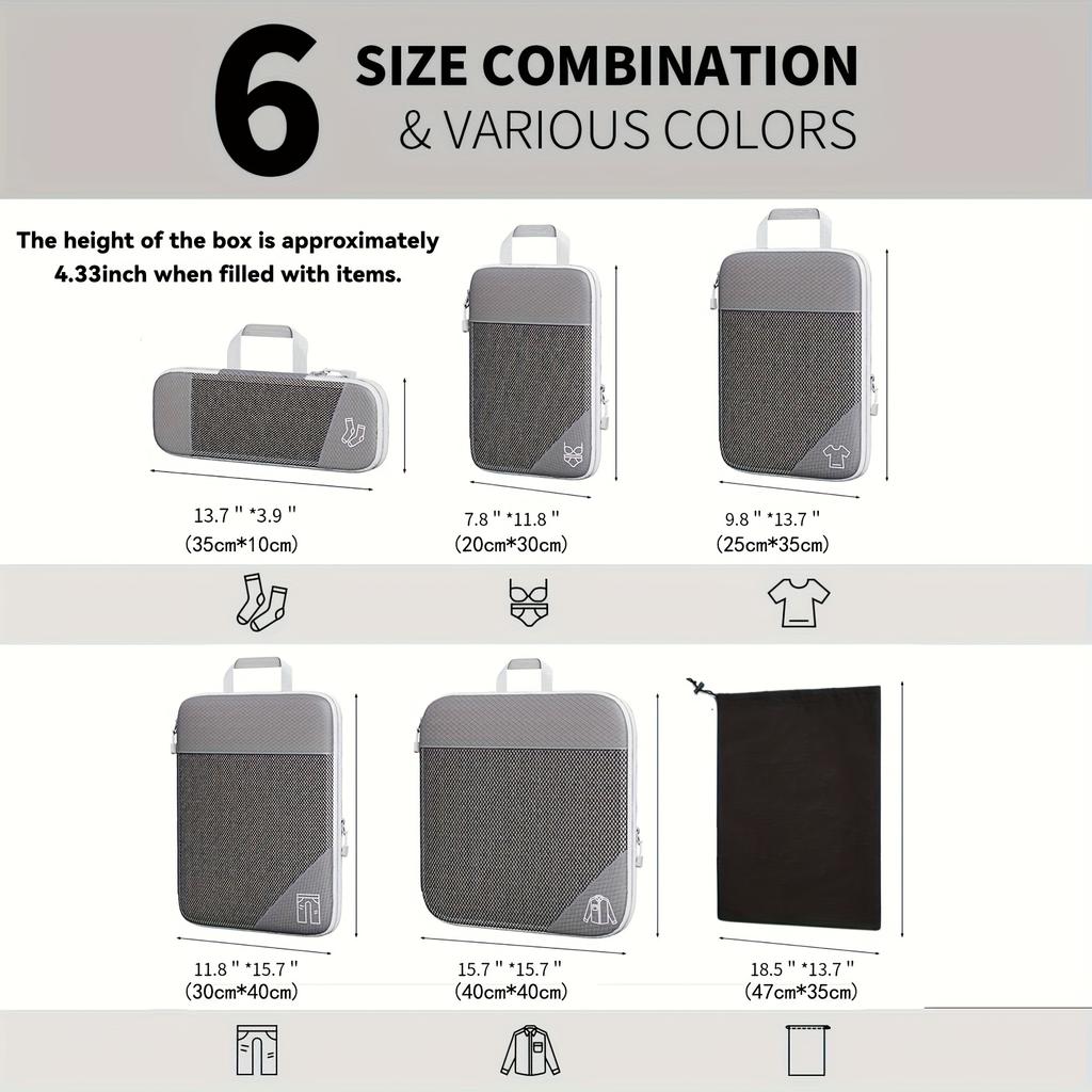 Compression Packing Cubes Set, Polyester Travel Luggage Organizer Accessories, Extensible Storage Bags Suitcases