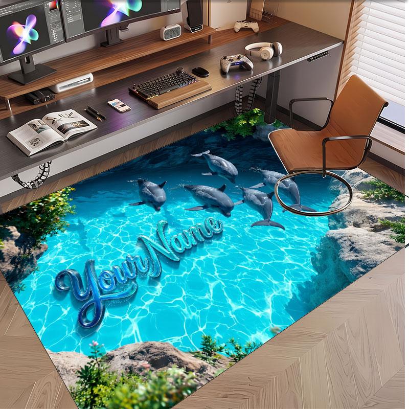Fish Ocean Theme Soft Crystal Velvet Rug Custom Name & Text Print Non Slip Floor Rug for Bedroom Living Room