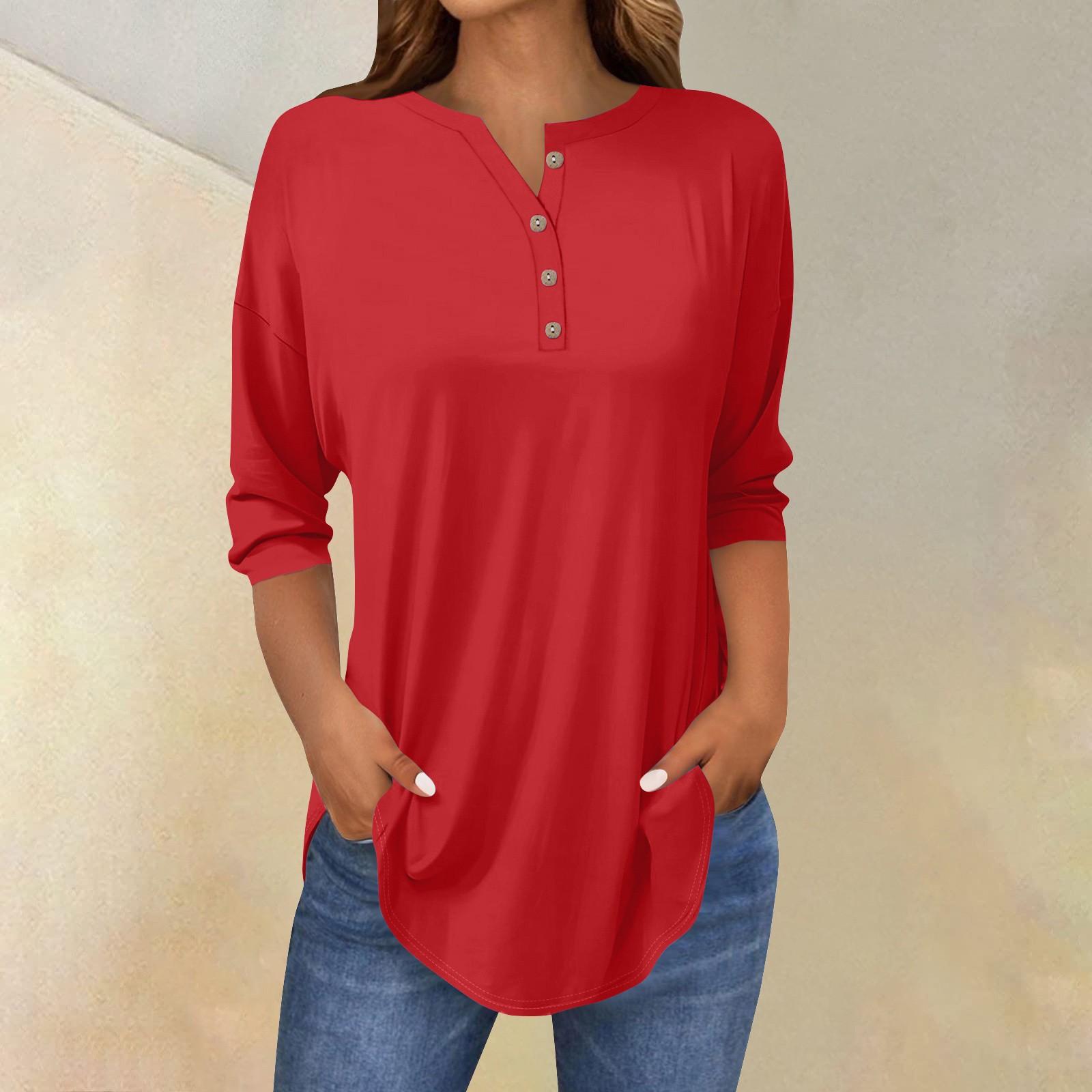 

Футболки женские осенние повседневные рубашки с длинным рукавом 3/4 на пуговицах толстовка винтажный топ пуловер M красный