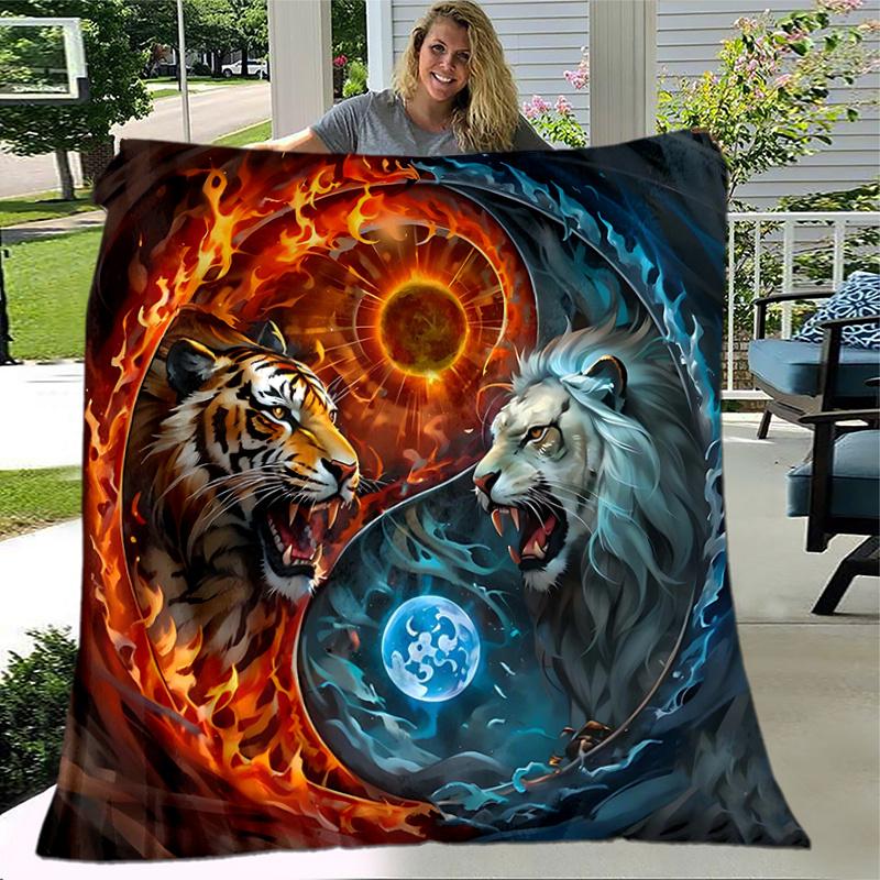 1pc Tiger Yin Yang of Fire and Ice Blanket, Soft Throw Blankets for Bed Couch Sofa, Warm Cozy Home Decor Gift .K093