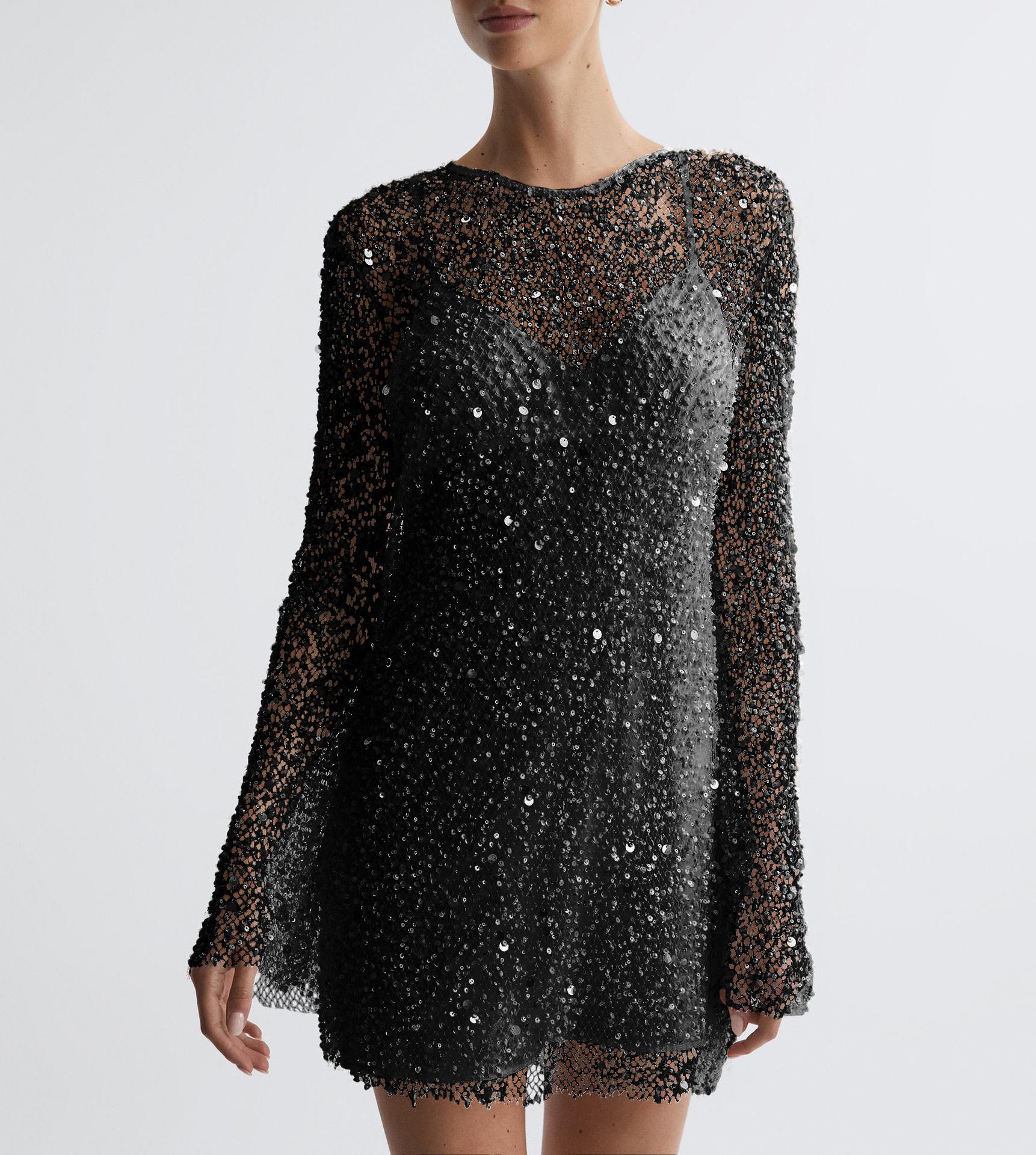 

Women S Clothing Size Bubble Bead Perspective Mesh Yarn Two-Piece Suspender Dress XXL чорний