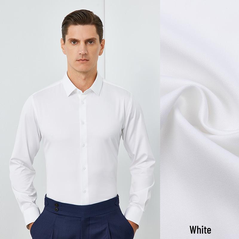 Men's Pure White Non-Iron Long-Sleeve Shirt: Stain-Resistant, Stretch, Professional Business Casual