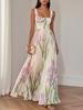 Women's Square Neck Sleeveless Floral Print Pleated Maxi Dress Elegant Backless A Line Long Dress For Wedding Guest Party Summer