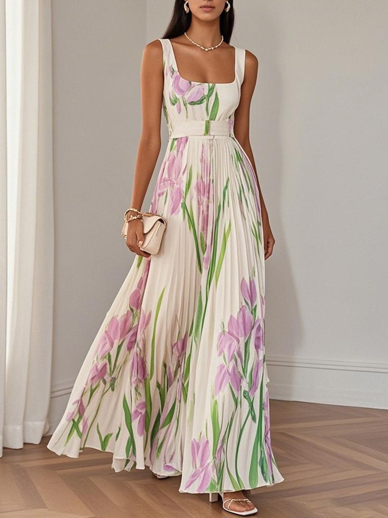 Women's Square Neck Sleeveless Floral Print Pleated Maxi Dress Elegant Backless A Line Long Dress For Wedding Guest Party Summer
