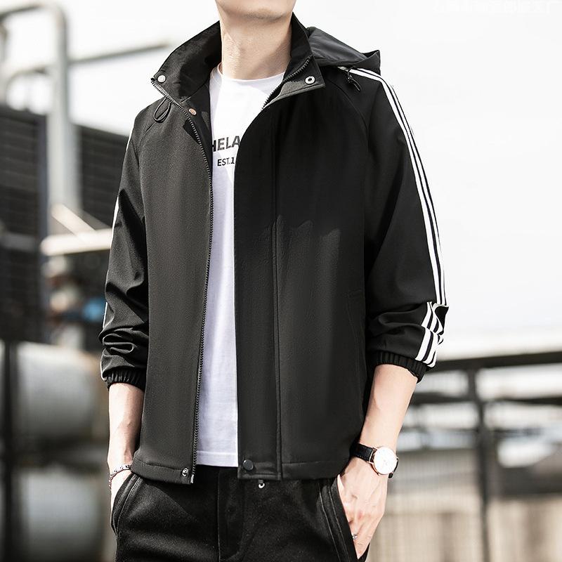 

New Spring and Autumn Three-bar Stand-up Collar Men s Jacket Casual Hooded Jacket Youth Sports Trench Coat XXXXL чёрный