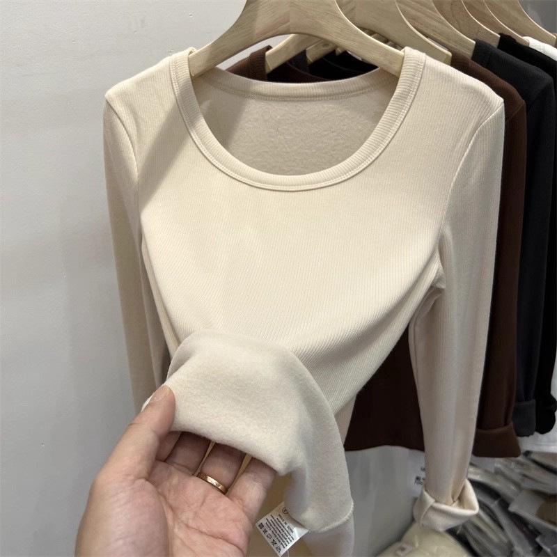 Women's Slim-Fit Double-Sided Plush U-Neck Base Layer Top - Long-Sleeve, Autumn/Winter Warm Inner Wear, 2025 Collection