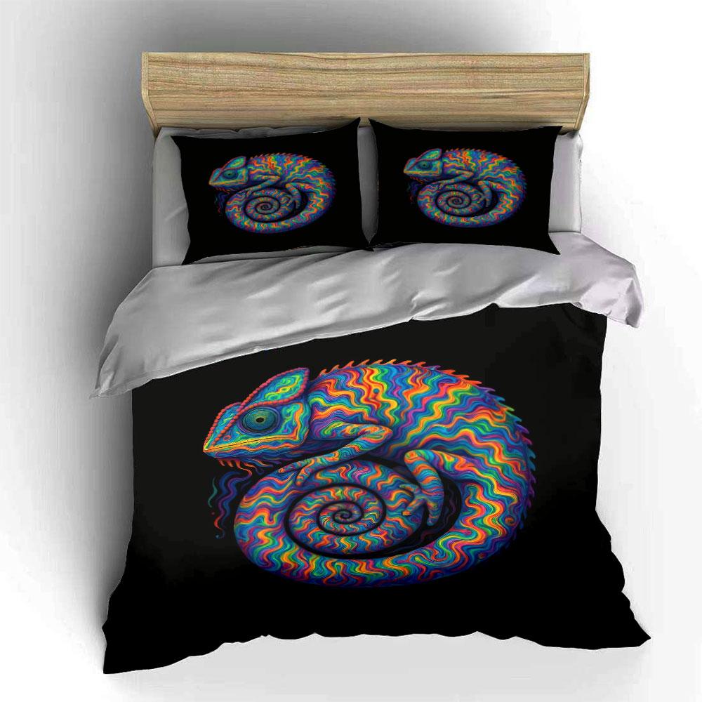"""Buntes Chamäleon Kunst-Set" Weiches hautfreundliches Bettwäsche-Set Enthält 1 Bettbezug Und 2 Kissenbezüge Geschenk"""