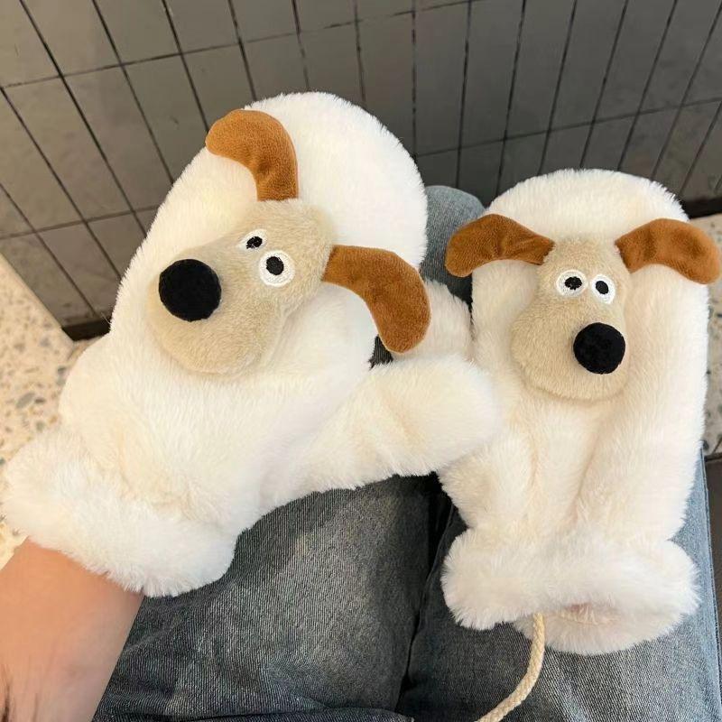 New Cartoon Cute Neck Hanging Fleece Thickened Warm Plush Riding Windproof and Cold-proof Gloves