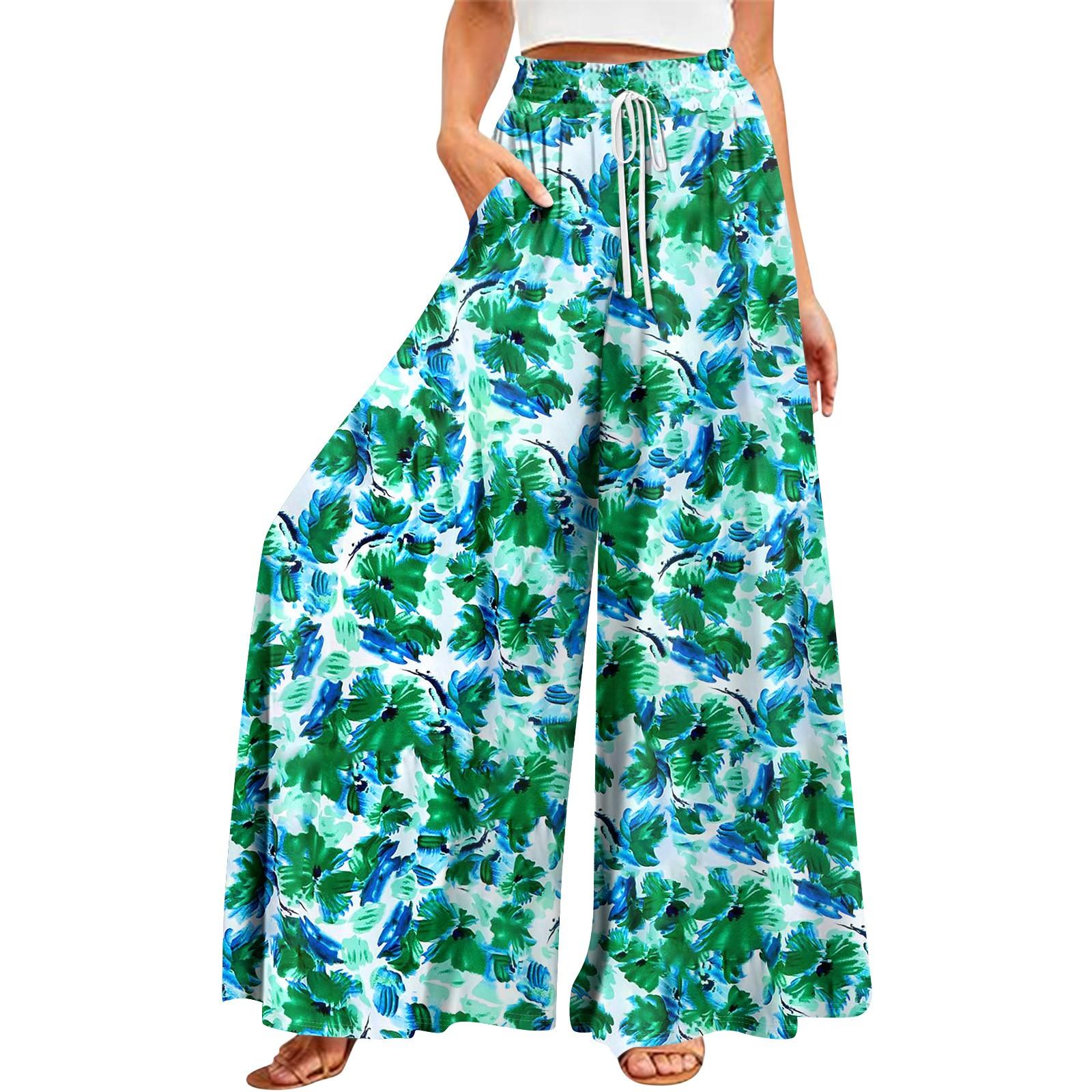 

Женские летние широкие брюки с высокой талией и струящимися карманами, модные повседневные повседневные пляжные брюки в богемном стиле с принтом XXL зелёный