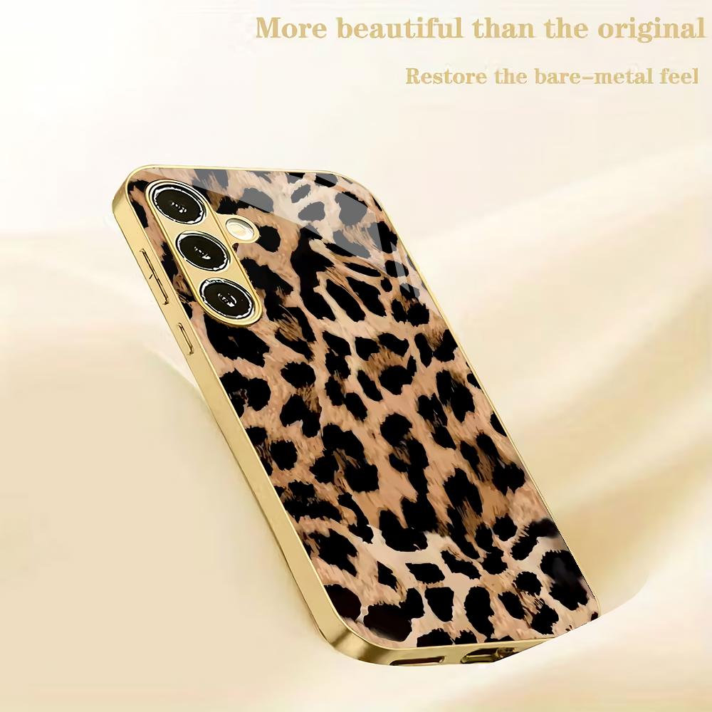 Leopard Print Splicing Electroplated Glass Phone Case Suitable for Samsung Galaxy S26 S25 S24 S22 S21 S20FE/Ultra/Plus Anti Drop