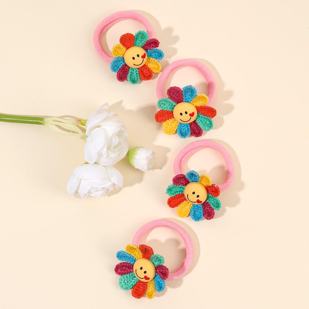 4Pcs Knitted Sunflower Hair Ties Cute Smiley Elastic Scrunchies Stretchy Ponytail Holders For Girls Kids Headdress Accessories