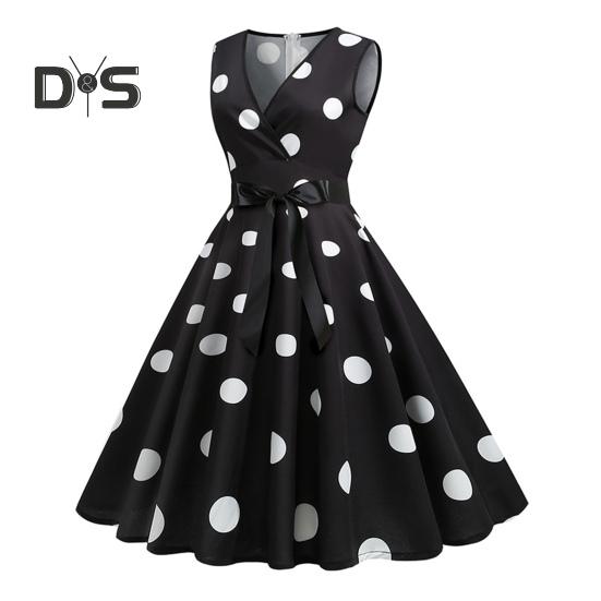 Sukienka wieczorowa dla kobiet w stylu vintage, kontrastowe kropki, nadruk w kropki, kokarda w talii, linia A, duży rozkloszowany, wąska talia, bez rękawów, odkryte plecy, dekolt w serek, sukienka midi w stylu księżniczki
