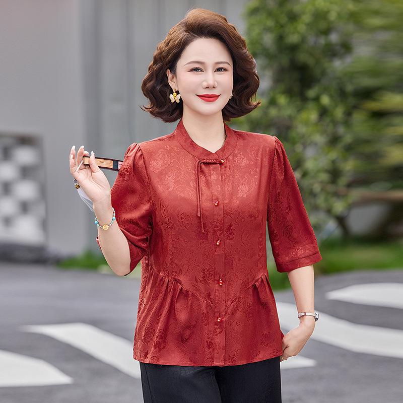 Mom s New Summer Mid-Sleeve T-Shirt: High-End Casual Printed Top for Stylish Middle-Aged Women 2XL (recommended 100-115 jin) красный
